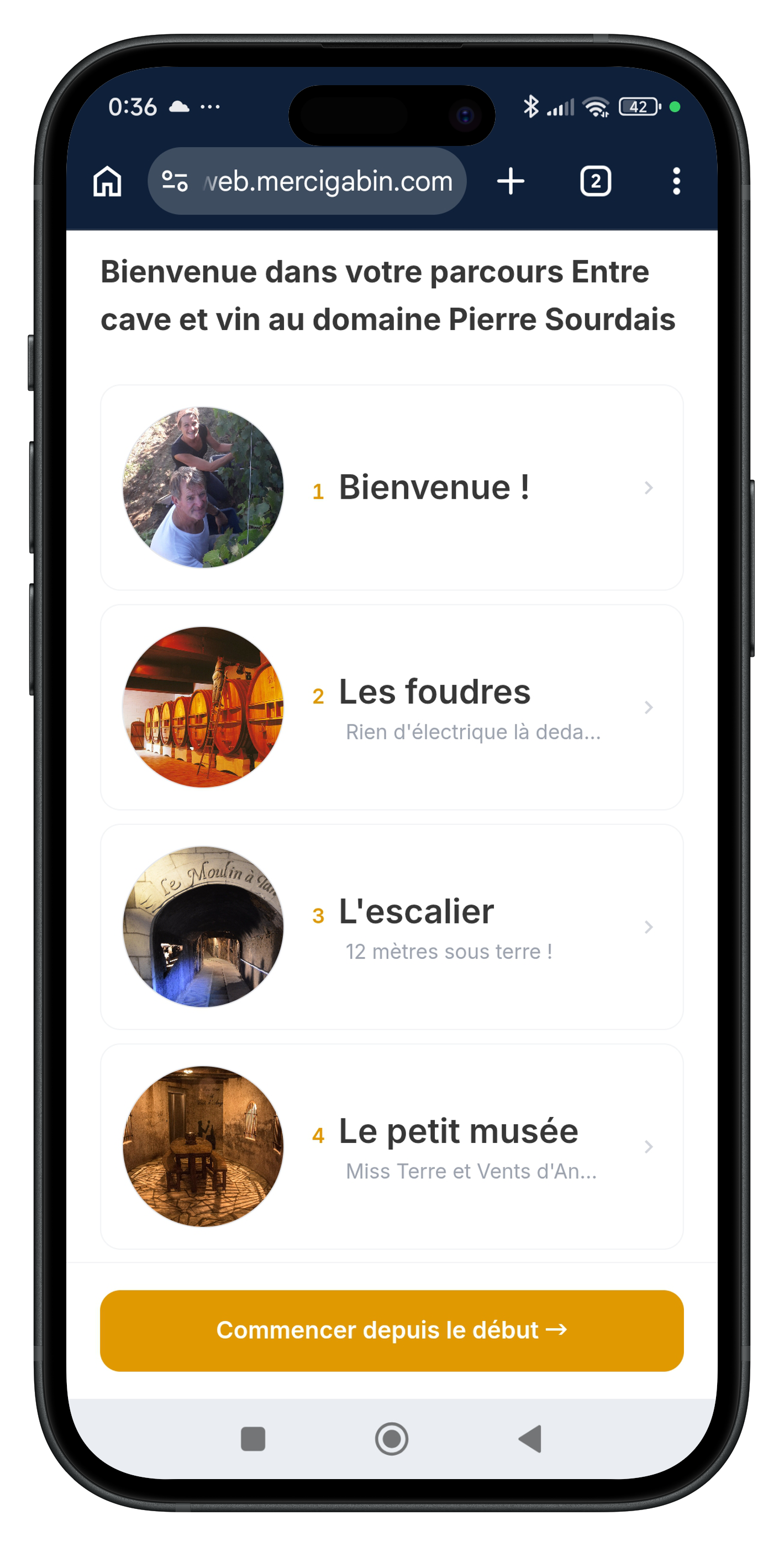 Le parcours prend la forme d’une liste simple de points d’intérêt. Vos visiteurs se repèrent facilement et avancent à leur rythme.